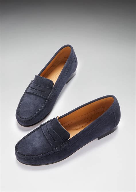 ladies navy blue leather loafers.